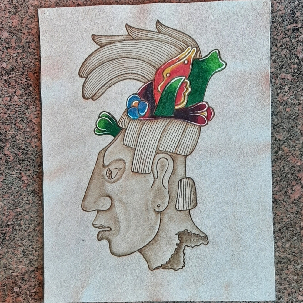 Vintage Cabeza de Pakal Art Work on Leather Hide Hand Painted in Mexico